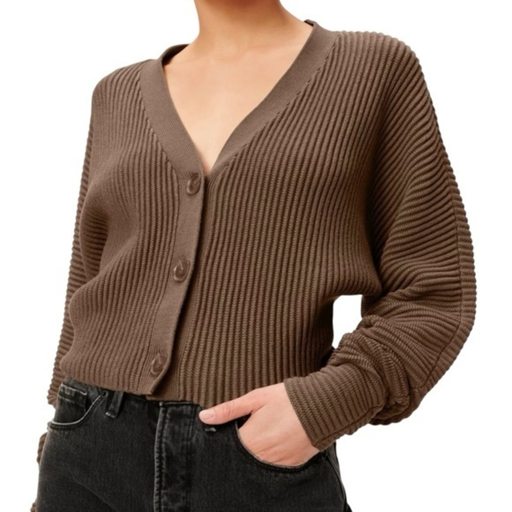 Good American Ribbed V Neck Cardigan Brown Cropped Button Front Size 5